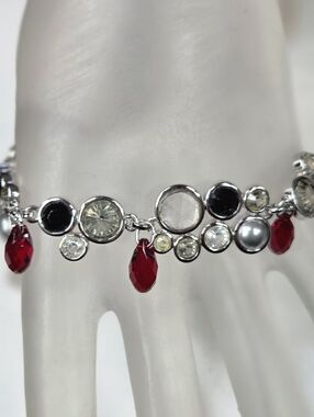 swarovski Silver-tone Charm Bracelet with Red Crystal Drops w extension 7-9in